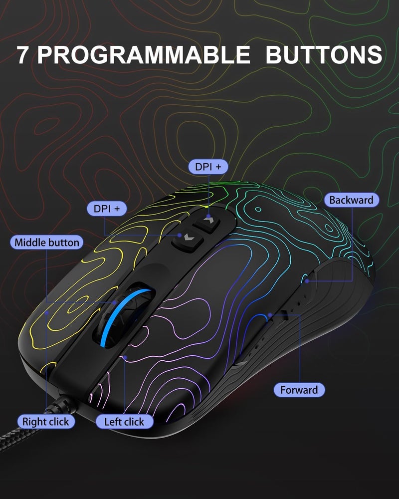 COSTOM Womier G706 USB Wired Gaming Mouse for PC Computer Windows Mac Laptop, Lightweight Silent RGB Backlit Mouse with Adjustable 12000DPI/7 Programmable Side Buttons,Kanagawa Theme (Black Topographic) - Image 5